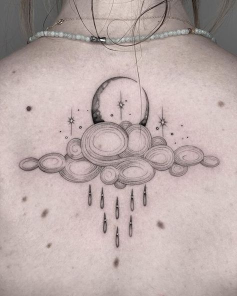 Storm Moon Tattoo, Night Rain Tattoo, Rainy Tattoo Ideas, Rainy Day Tattoo Ideas, Clouds Back Tattoo, Moon And Rain Tattoo, Sweater Weather Tattoo, Cloud And Rain Tattoo, Rainy Cloud Tattoo