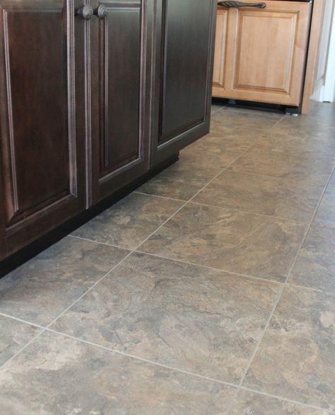 Groutable Vinyl Tile Kitchen, Kitchen Vinyl Flooring Tile, Vct Tile Kitchen Floor, Gray Kitchen Flooring Ideas Laminate, Laminate Flooring Tile Look, Vinyl Flooring Stone Look, Tile Look Laminate Flooring, Lvt Stone Flooring Kitchen, Laminate Flooring That Looks Like Tile