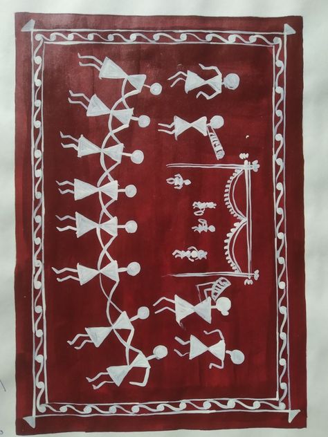 Simple folk art Warli Art Ideas, Simple Folk Art, Cover Page For Project, Terracotta Paint, Worli Painting, Warli Art, Wall Paintings, Indian Folk Art, Art Idea