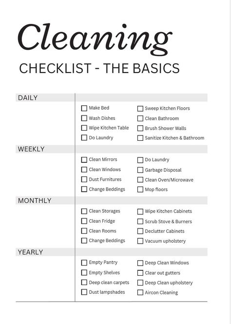 printable cleaning checklist digital download Cleaning List Printable, Room Checklist, Deep Cleaning Checklist, Clean Kitchen Cabinets, Clean Fridge, Easy Cleaning Hacks, Household Management, How To Clean Mirrors, House Cleaning Checklist