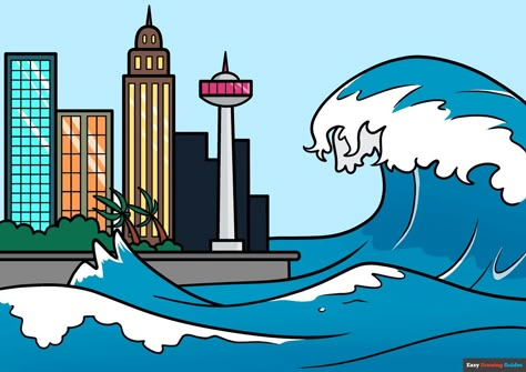 Learn How to Draw a Tsunami: Easy Step-by-Step Drawing Tutorial for Kids and Beginners. See the full tutorial at https://easydrawingguides.com/how-to-draw-a-tsunami/ . Tsunami Drawing Easy, Poster Tsunami, Natural Disasters Drawing, Disasters Drawing, Tsunami For Kids, Tsunami Illustration, Tsunami Aesthetic, Disaster Drawing, Tsunami Drawing