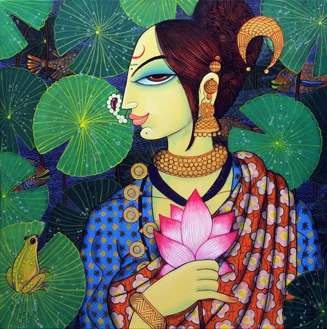 Bring home Mrinalini - a unique piece of art by the most loved Varsha Kharatmal. Find the art you love on Artflute.com. Rajasthani Art, Face Artwork, Eyes Artwork, Madhubani Art, Soyut Sanat Tabloları, Indian Folk Art, Madhubani Painting, Indian Paintings, Indian Art Paintings