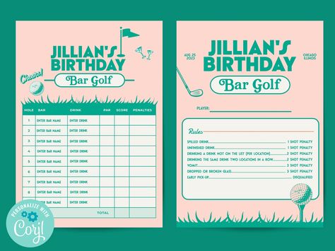 Mini Golf Score Card, Golf Themed Bar Crawl, Bar Crawl Birthday Ideas, Bar Golf Scorecard, Score Card Design, 30th Birthday Bar Crawl, Golf Bar Crawl, Golf Pub Crawl, Pub Golf Scorecard