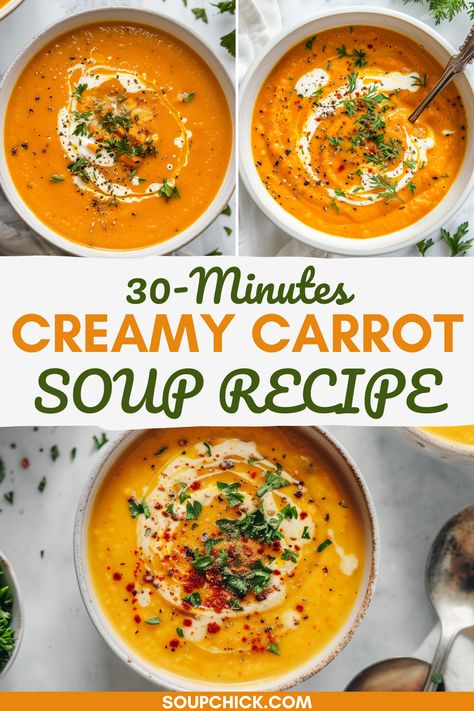 Silky Smooth Creamy Carrot Soup Recipe Soup Recipes Carrot, Creamy Carrot Soup Recipes, Simple Soup Recipes Quick, Cream Based Soup Recipes, Blender Soup Recipes, Healthy Creamy Soup, Carrot And Celery Soup, Carrot Potato Soup, Cream Based Soups