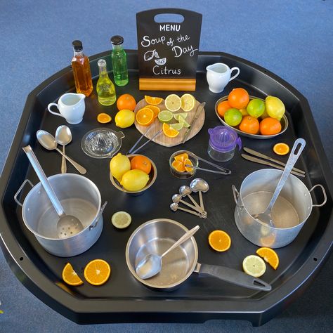 Sensory Trays For Preschool, Curiosity Tuff Tray, Senses Tuff Tray Ideas, Healthy Eating Tuff Tray Ideas, Non Messy Tuff Tray Ideas, Hot Coco Sensory Table, Citrus Sensory Play, Food Provocations, Food Eyfs Activities