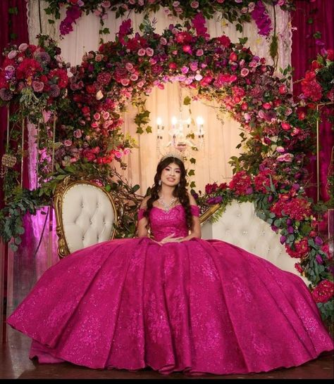 Hot Pink Quinceanera Dresses, Lace Quinceanera Dresses, Vestido Charro, Quince Themes, Dresses 15, Quinceanera Pink, Mexican Quinceanera Dresses, Quinceanera Themes Dresses, Pink Quince