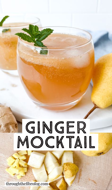 labelled ginger mocktail in two glasses next to pears, and diced pears and ginger on a wooden chopping board. Ginger Mocktail Non Alcoholic, Indian Mocktails Non Alcoholic, Pear Drinks Nonalcoholic, Ginger Mocktail Recipes, Functional Mocktails, Drinks Easy To Make, Summer Drinks Easy, Pear Mocktail, Vegan Mocktail