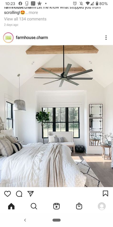 Master Bed Vaulted Ceiling, Exposed Beams Bedroom Master Suite, Farmhouse Vaulted Ceiling Bedroom, Master Bedrooms Tall Ceiling, Master Bedrooms With Cathedral Ceilings, Open Ceiling Bedroom, Bedroom Decor Vaulted Ceiling, Primary Bedroom With Vaulted Ceiling, Cathedral Ceiling Master Suite