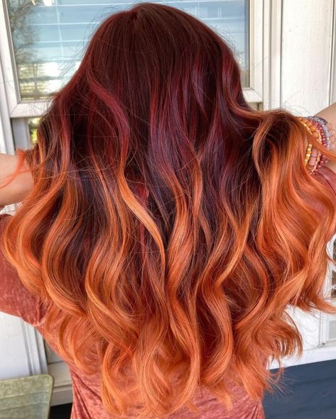 Tangerine Hair with Burgundy Roots Fall Season Hair Color, Pumpkin Spice Ombre Hair, Dark Red Hair With Orange Highlights, Copper Hair With Dark Roots Red Ombre, Burgundy And Copper Hair, Burgundy And Orange Hair, Red Blonde Balayage Ombre, Red And Teal Hair, Burgundy Orange Hair