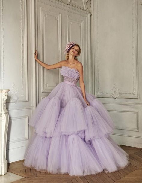 Purple Ball Gown Dress, Fluffy Prom Dresses, Soft Wedding Dress, Azzi Osta, Soft Wedding Dresses, Gowns Princess, Purple Ball Gown, Tiara Cake, Wedding Dress For Bride