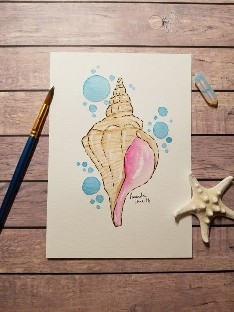 How To Draw A Conch Shell, Conch Shell Watercolor, Simple Shell Painting, Beach Colored Pencil Drawing, Sea Shell Watercolor Paintings, Seashell Painting On Canvas, Watercolor Drawings Easy, She’ll Painting Ideas, Shell Watercolor Painting