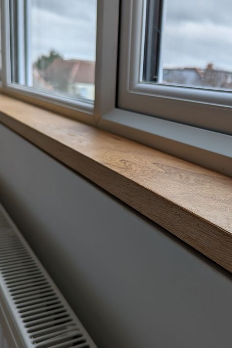 Natural Wood Window Sill, White Oak Window Sill, Modern Window Sill Ideas, Shadow Gap Detail, Trimless Windows, Window Sill Ideas, Oak Window Sill, Window Sill Desk, Exterior Window Sill