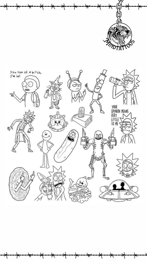 Tattoo Ideas Rick And Morty, Rick Tattoo Ideas, Rick And Morty Portal Tattoo, Rich And Morty Tattoo, Cartoon Network Flash Tattoo, Cartoon Patchwork Tattoo, Small Rick And Morty Tattoos, Tattoo Cartoon Characters, Rick And Morty Tattoo Stencil