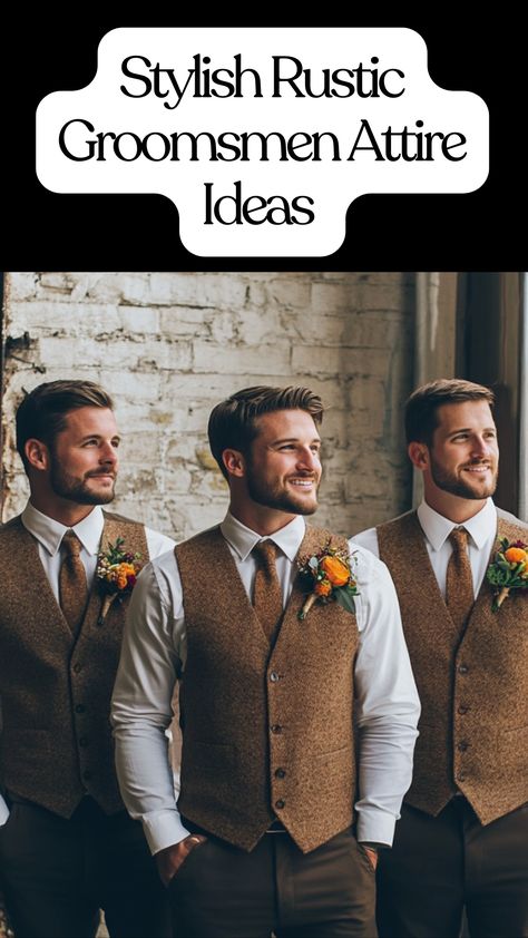 Rustic groomsmen attire with earthy tones and vests for a Thanksgiving wedding Fall Western Groomsmen Attire, Rust Bridesmaid Dresses With Groomsmen, Brown Suits For Groomsmen, Groomsmen Attire Simple, Rustic Wedding Groomsmen Attire, Autumn Groomsmen Attire, Grooms Attire Rustic, Green Groomsmen And Bridesmaids, Earthy Groomsmen Attire