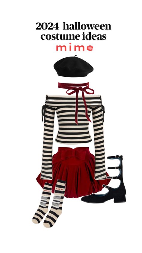 Halloween Costumes Mime, At Home Clown Costume, Mime Costume Aesthetic, Mime Halloween Costume Women, Swag Halloween Costumes, Jester Costume Female Diy, Cute Mime Costume, Circus Halloween Costumes Women, Red And White Halloween Costume