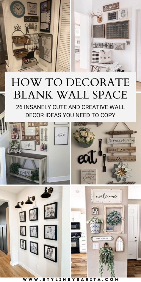 26 CREATIVE AND CUTE WALL DECOR IDEAS - Stylin by Sarita Farmhouse Decor Hallway Wall, Living Room Wall Decor Modern Farmhouse, Gallery Wall Styling, Wall Vignettes Decorating Ideas, Decorating Small Wall Space, Farmhouse Wall Gallery Ideas, Farmhouse Photo Wall Ideas Living Room, Farmhouse Wall Decor Ideas Living Room, Kitchen Wall Hanging Ideas Diy