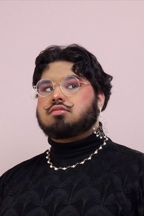 Queer, gay designer, profile picture inspo, moody, masculine, feminine, flower sparkle jewelry, regal pearls, makeup glasses. bear, bearded mesh turtle neck. behance, LinkedIn Glasses On Face Drawing Reference, Queer Portrait Photography, Black People Reference, Profile Picture Reference, Male Profile Reference, Portrait Inspiration Faces, Designer Profile Picture, Unique Face Reference, Masculine Portrait