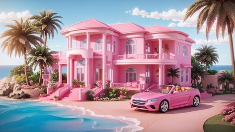 Barbie Background Landscape, Barbie Landscape, Barbie Convertible, Pink Beach House, Barbie Graphic, House Barbie, Barbie Land, Houses Mansions, Woman Artwork