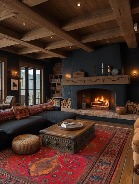 Eclectic Grandpa Interior Design, Midwestern Interior Design, Dark Cabin Living Room, Colorful Mountain Home, Craftsman Interior Design Living Room, Cabin Interior Colors, Ceiling Fireplace Ideas, Black Interior Walls, Black And Wood Interior Design