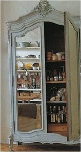 What To Do With An Old Armoire or TV Cabinet. Repurpose. Mirrored Armoire, Mirrored Doors, Wicker Bedroom, Wicker Headboard, Wicker Shelf, Country House Interior, Wicker Decor, Headboard Styles, Pantry Design