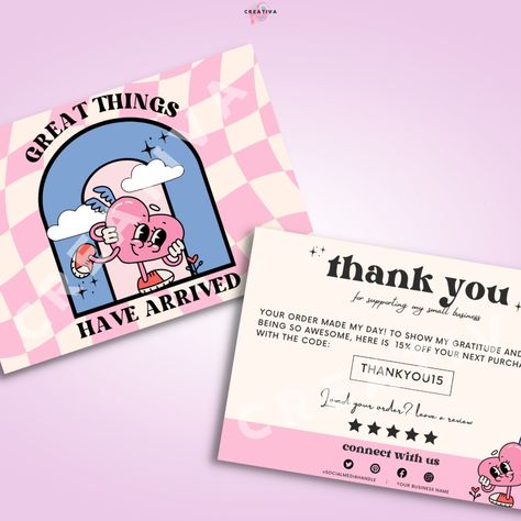 Retro Thank You Card Canva Template,Editable Business Thank You Card, Pink Heart Package Insert Card Fun Thank You Cards Business, Retro Card Design, Retro Thank You Card, Small Business Thank You Cards, Desert Candle, Beads Packaging, Pink Store, Retro Business Card, Logo Design Agency