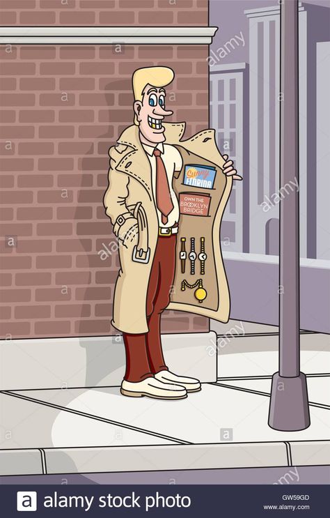 Download this stock vector: Street Corner Salesman Vector illustration. Salesman holds his coat open to show watches and brochures for selling swamp land and the Brooklyn Bridge. - GW59GD from Alamy's library of millions of high resolution stock photos, illustrations and vectors. Street Corner, Drawing Clothes, Art Challenge, Brooklyn Bridge, Art Reference Poses, Bart Simpson, Cartoon Characters, Brooklyn, Stock Vector