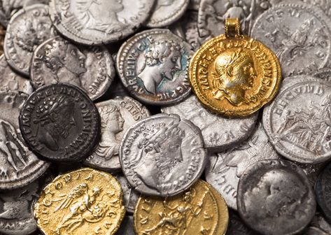 Ancient coins of the Roman Empire. – Roman currency for most of Roman history consisted of gold, silver, bronze, orichalcum and copper coinage, which lasted for eight centuries across the empire. Roman Coin Necklace, Roman Coin Earrings, Ancient Coins India, Historical Coins, Ancient Roman Coins, Gold And Silver Coins, The Roman Empire, Roman Coins, Roman History