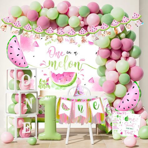 PRICES MAY VARY. Refreshing Watermelon Color Palette - The pastel watermelon party supplies feature a stunning array of vibrant and refreshing pastel tones. Including soft pinks, rose blush, sage greens and pastel green. If you have a one year old cute baby girl and want a dream-lie party, this one is just for you. Sweet colors match perfectly. Sweet Girl's First Birthday Party Supplies - Package includes: one in a melon backdrop, one balloon box, one in a melon cake topper, 12pcs watermelon cup One Year Themed Birthday Party, Watermelon One Year Old Birthday Party, One In A Melon Backdrop, First Birthday Decorations Ideas, One Year Old Baby Girl Birthday Themes, Baby One Year Birthday Themes, Sweet One First Birthday Photoshoot, Cute First Birthday Ideas Girl, April First Birthday Theme