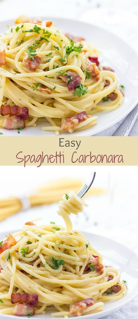 It's a love at first sight! Eggs, cheese and bacon are a no-fail combo. If you've never tried Spaghetti Carbonara, you gotta do it now. It has a silky smooth texture, incredible flavor and rich taste. Carbonara For Two, Healthy Winter Recipes Dinner, Spaghetti Carbonara With Bacon, Carbonara With Bacon, Easy Dinner Recipes For Two, Spaghetti Carbonara Recipe, Easy Dinners For Two, Future Chef, Easy Spaghetti