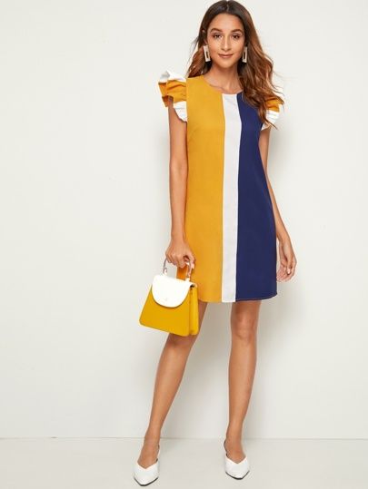 Ruffle Armhole Colorblock Tunic Dress | SHEIN USA Orange Fashion, Mode Inspiration, Classy Dress, Simple Dresses, Tunic Dress, Dress Patterns, Shift Dress, Designer Dresses, Casual Dresses