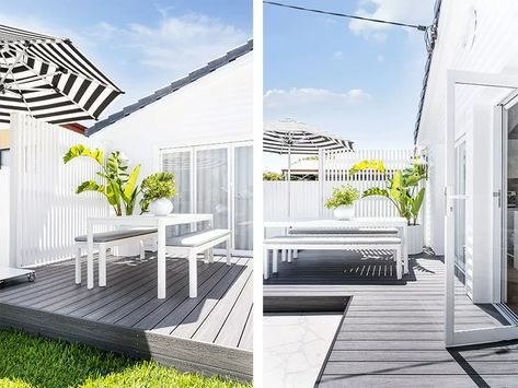 Charcoal Composite Decking, Painted Concrete Outdoor, Hamptons Style Exterior, Australian Hamptons Style, Outdoor Flooring Options, Grey Deck, Outdoor Decking, Harvey House, Plastic Decking