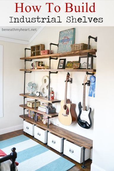 how to build industrial shelves, bedroom ideas, diy, how to, shelving ideas Industrial Shelf Diy, Industrial Shelves, Industrial Diy, Industrial Bedroom, Industrial Shelving, Man Caves, Design Industrial, Industrial House, Boys Bedrooms