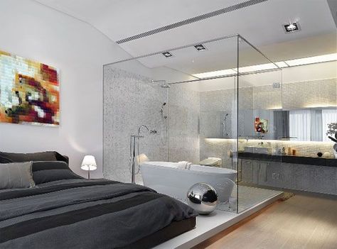 bedroom with glass enclosed tub Open Bathroom Concept, Home Design Bedroom, Apartemen Studio, Bedroom With Bathroom, Open Bathroom, Dream Master, Bed Design Modern, Perfect Bedroom, Bad Design