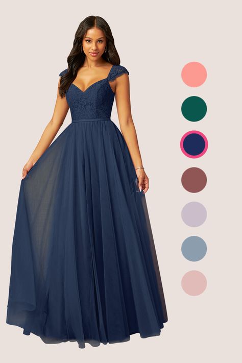 Luxi is our stunning bridesmaid dress crafted from tulle. She features a V-neckline paired with cap sleeves that lead to a V-back. The look is complete with a gathered A-line skirt. Azazie Blue Bridesmaid Dress, Long Hoco Dresses Simple, Navy Blue Satin Bridesmaid Dresses, Hoco Court Dresses Long, Fall Color Bridesmaid Dresses, Dark Navy Blue Bridesmaid Dresses, Navy Blue Long Bridesmaid Dresses, Bridesmaid Dresses For Teens, Dark Blue Formal Dress