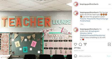 20 Inspiring Teachers' Lounge and Workroom Ideas - WeAreTeachers Staffroom Ideas, Teachers Lounge Decor, Staff Bulletin Boards, Workroom Ideas, Teachers Lounge Makeover, Lounge Makeover, Staff Lounge, Teachers Room, Teacher Bulletin Boards