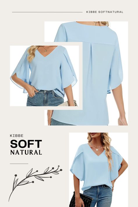 Funlingo Women's Casual 3/4 Sleeve Tops Summer Loose V Neck Dressy Chiffon Blouses Shirts perfect for a kibbe soft natural outfit! Natural Clothing Style, Split Sleeve Top, Chiffon Shirt Blouse, Women Chiffon Blouse, Women Floral Blouse, Maternity Blouse, Loose Fit Blouse, Natural Clothing, Natural Women