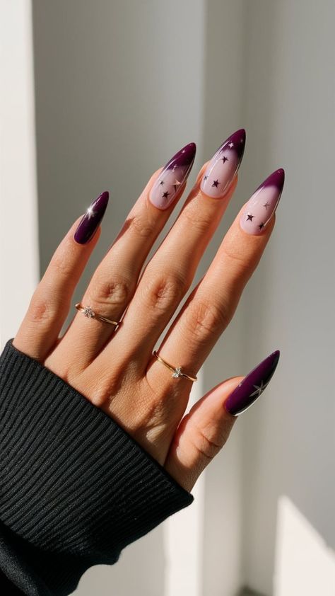 Plum Purple Acrylic Nails, Plum Nail Art Design, Deep Purple Nail Art, Dark Purple Witchy Nails, Deep Purple Fall Nails, Purple Cateye Nail Designs, Purple Initial Nails, Dark Purple Ombré Nails, Plum Nails Design