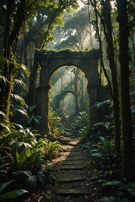 Gate Aesthetic, Jungle Temple, Forest Gate, Hidden Forest, Landscape Model, Adventure Aesthetic, Fantasy Places, Matte Painting, Fantasy Aesthetic