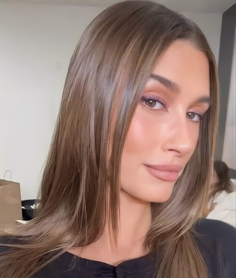 Hailey Bieber Mushroom Hair, Hailey Bieber Honey Blonde Hair, Chocolate Brown Hair Hailey Bieber, Hailey Beiber Waves, Hailey Beiber Medium Length Hair, Bronde Haircolor Hailey Beiber, Medium Brown Hair 2023, Hailey Bieber Brunette 2022, Hailey Bieber Dark Blonde