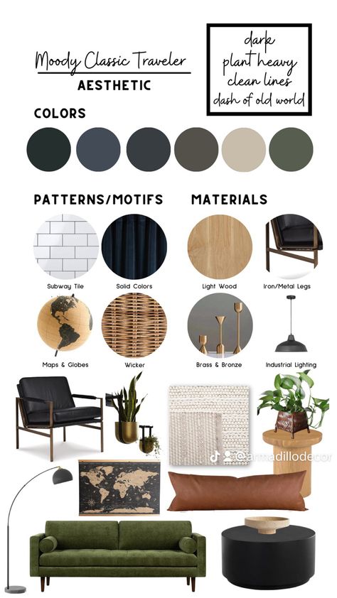 Boho Modern Industrial, Mid Century Modern Moody Living Room, Modern Industrial Mood Board Interior Design, Apartment Color Schemes Black, Rustic Modern Mood Board, Moody Contemporary Interior Design, Rustic Modern Color Scheme, Modern Edgy Interior Design, Moody Modern Living Room Ideas