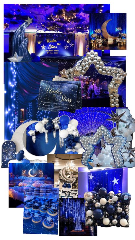 Prom Themes Starry Night, Under The Stars Quinceanera Theme, Starry Night Theme, School Dance Themes, Starry Night Prom, Prom Planning, Sweet 15 Party Ideas Quinceanera, Sweet 15 Party Ideas, Sweet Sixteen Birthday Party Ideas