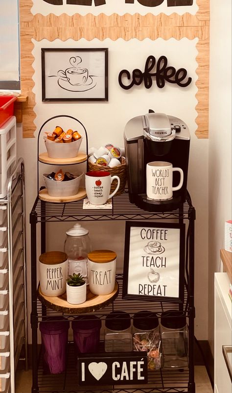 Cozy School Office Ideas, Break Room Coffee Station, Daycare Break Room Ideas, Staff Room Coffee Station, Coffee Bar Ideas At Work, Coffee Station Work Offices, Coffee Room Decor, Coffee Bar At Work For Employees, Zen Break Room Ideas