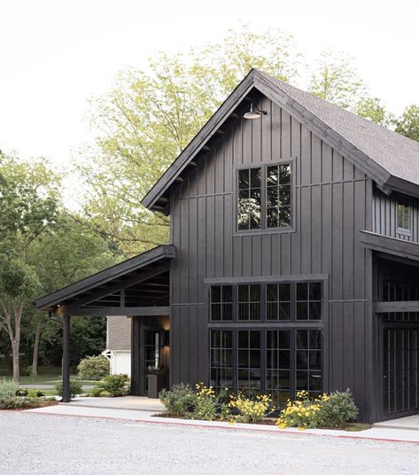 The Modern Black Barn at Spain Ranch provides the perfect setting for small weddings and elopements Black Barn, Modern Barn House, Lots Of Windows, Modern Farmhouse Exterior, Shed Homes, Barn Style House, Exterior Ideas, Black House Exterior, Modern Barn