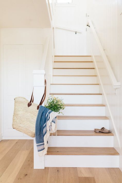 Laguna Beach Cottage Part 1 – Greige Design Beach House Decorating Ideas, Beach House Decorating, House Decorating Ideas, White Staircase, Greige Design, White Stairs, House Staircase, Staircase Makeover, Wood Staircase