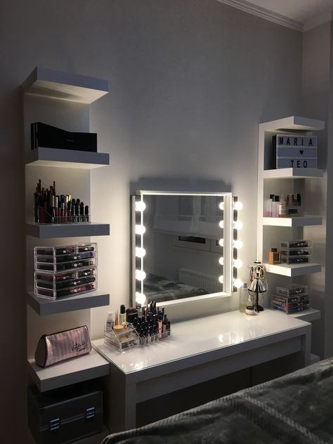 Boudoir #homedecor#boudoir#ikea#cosmetics#bedroom#mirror#lights Ikea Mirror Bedroom Ideas, Light Mirror Bedroom, Ikea Mirror With Lights, Ikea Mirror Lights, Vanity Ideas Bedroom Ikea, Vanity Mirror Ideas Bedrooms, Ikea Shelf Decor, Mirror Lights Bedroom, Ikea Mirror