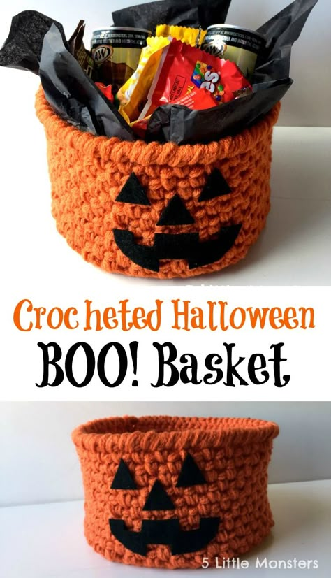 Crocheted Halloween BOO basket #BOOItForward [ad] @walmart Crochet Pumpkin Basket Free Pattern, Crochet Pumpkin Basket, Crochet Halloween Projects, Crochet Jackolantern, Crochet Halloween Bucket, Halloween Crochet Decor, Crochet Halloween Bags, Crochet Halloween Bag, Crochet Fall Patterns