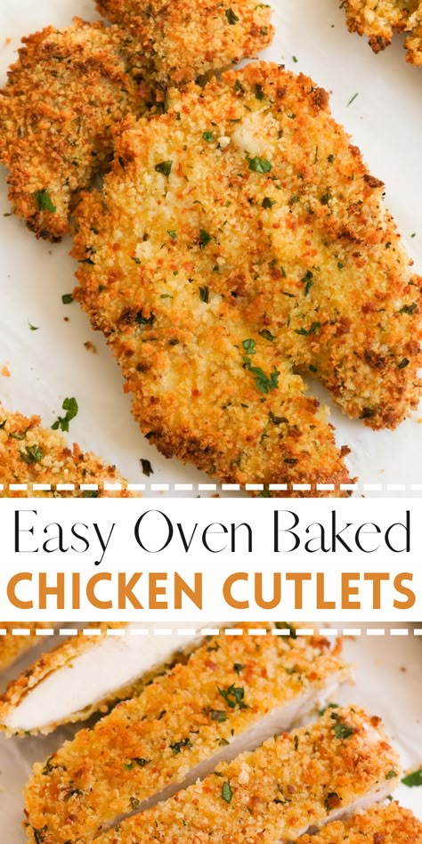 Quick, crispy, and packed with protein, these Breaded & Baked Chicken Cutlets are about to become your favorite weeknight kitchen trick. In just 40 minutes, you’ll have a tray of tender, golden-brown, healthy chicken cutlets ready to serve with your favorite sides or as yummy add-ons for salad, pasta, or sandwiches. Chicken Cutlet Recipes Baked, Oven Baked Chicken Cutlets, Baked Breaded Chicken Breast, Baked Chicken Cutlets, Crispy Chicken Breast, Easy Oven Baked Chicken, Fried Chicken Cutlets, Breaded Chicken Recipes, Chicken Cutlet Recipes