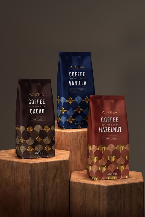 Acashia is a coffee company founded in 2020 by two young coffee lovers. The product has a premium quality and the founders' desire was to translate that feeling to the packaging. 
Being distinctive is always a challenge, because you have to find the right balance so that the brand stands out but at the same time the type of the product is recognized. The result is a solid structure that makes it easy to identify the brand. Coffee Poster Design, Coffee Advertising, Chocolate Packaging Design, Coffee Pack, Hazelnut Coffee, Medium Roast Coffee, Tea Design, Coffee Poster, Premium Coffee