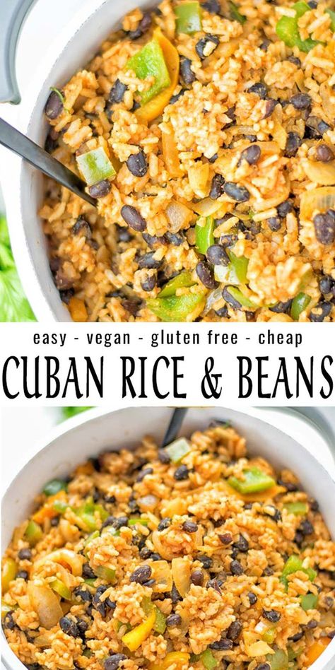 These Cuban Rice and Beans are  full of delicious spices, made in one pot, and always exciting to customize to your taste. A natural vegan and gluten free lunch or dinner. Perfect as a work or school lunch meal prep. #vegan #glutenfree #contentednesscooking #plantbased #dairyfree #vegetarian #mealprep #lunch #dinner #budget #beans #easyfood #cuba #worklunch Cuban Rice And Beans, Vegetarian Mealprep, Mealprep Lunch, Cuban Rice, Rice And Beans Recipe, Vegan Rice, Free Lunch, Rice And Beans, Mexican Rice