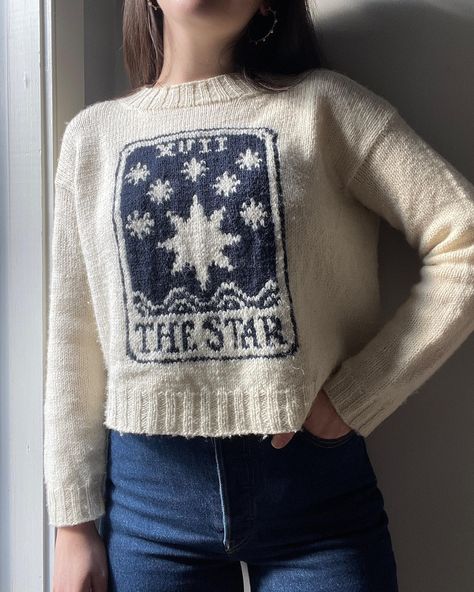 a star is born 🥹 (and a moon, a sun, and 3 other bonus tarot cards)!!!! the #TarotCardSweater knitting pattern is now out on my ravelry & etsy! worked with stranded knitting and ladderback jacquard (this will be your new fav colorwork technique i swear!!!), graded for 9 sizes from 30” - 62” busts, with color charts scaled for both ends of the sizing range… needless to say a lot of love and work went into this pattern not just from me, but from my beautiful talented smart creative generous and... Tarot Card Sweater, Moon Phases Knitting Pattern, Sun Knitting Pattern, Knitting Colorwork Beginner, Knit Colorwork Sweater Pattern, Alternative Knitting Patterns, Whimsigoth Knitting, Color Work Knitting Pattern, Colorwork Sweater Knitting Pattern